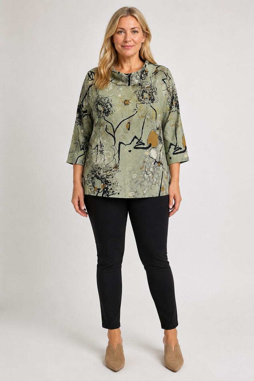 3 Potato Cowl Neck 3/4 Sleeve Artsy Top Shirt Green Womens Size XL New 24HTP Cat